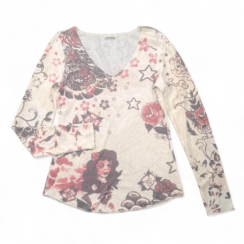 Y2K Lucky Brand AOP Tattoo Thermal Top B38